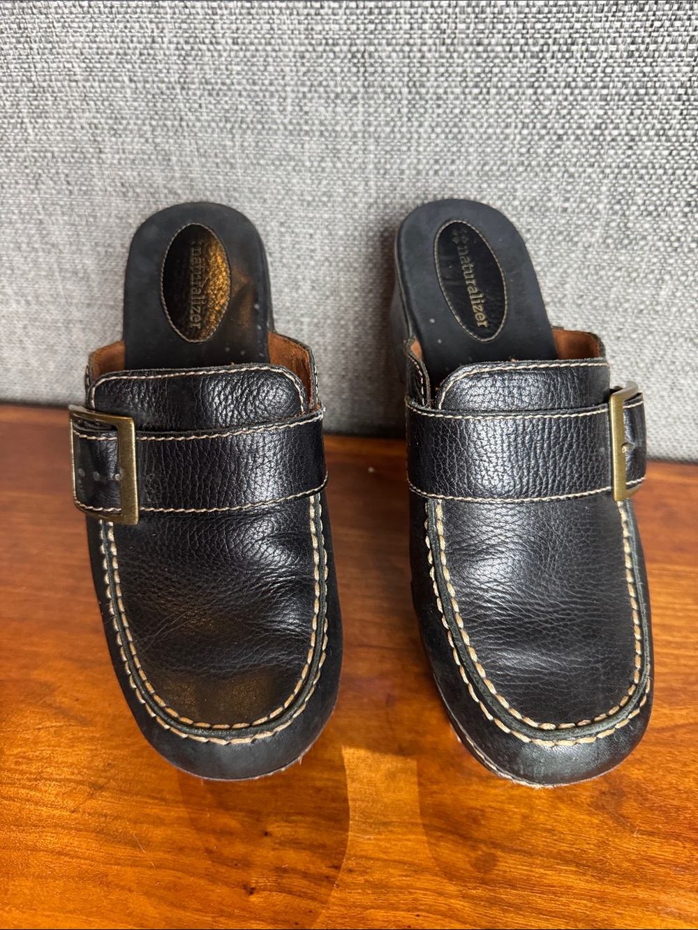 Naturalizer Black Leather Slip-On Clogs with Buckle Accent